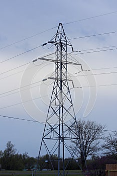 Kansas Powerline Tower with wires and  blue sky with tree`s.