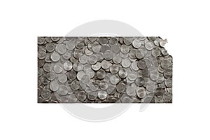 Kansas State Map Outline and Piles of Shiny United States Nickels, Money Concept