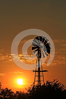 Kansas Sunset with a colorful sky , sun and Windmill silhouette