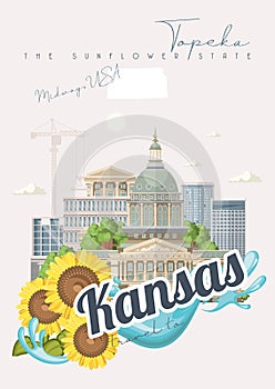 Kansas is a US state. Midway. Tourist poster and souvenir. Beautiful places of the United States of America on postcard