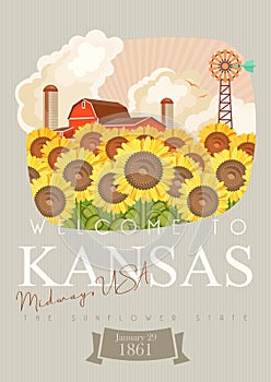 Kansas is a US state. Sunflowers. Tourist poster and souvenir. Beautiful places of the United States of America on postcard