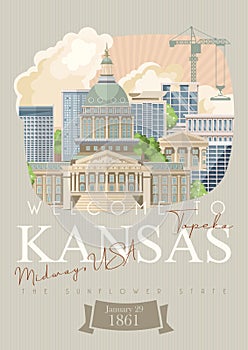 Kansas is a US state. Topeka. Tourist poster and souvenir. Beautiful places of the United States of America on postcard