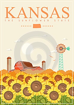 Kansas is a US state. Vector concept of tourist postcard and souvenir. Beautiful places of the United States of America on posters