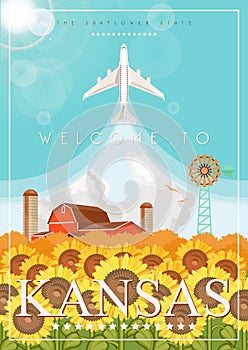 Kansas is a US state. Vector concept of tourist poster and souvenir. Beautiful places of the United States of America on postcard