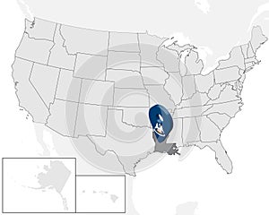 Location Map Louisiana on map USA. United States of America. 3d geolocation sign like flag of state Louisiana. High quality map of