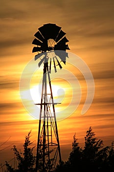 Kansas Windmill sunset with a tree silhouette with a colorful sky