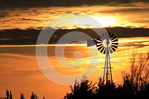 Kansas Windmill sunset with a tree silhouette with a colorful sky