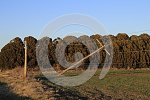 Kansas Windstorm damage with broken powerline poles in Hutchinson Kansas USA.