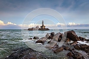 Kanyakumari beach Tamilnadu, South India, is a scenic destination that offers a stunning view of the monsoon clouds over the ocean