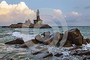 Kanyakumari beach Tamilnadu, South India, is a scenic destination that offers a stunning view of the monsoon clouds over the ocean