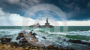 Kanyakumari beach Tamilnadu, South India, is a scenic destination that offers a stunning view of the monsoon clouds over the ocean