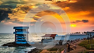 Kanyakumari, Tamil Nadu, India - 31 January 2021. Sunrise and sunset view tower on the sea side at Kanyakumari beach