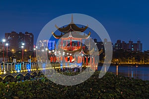 Kaohsiung`s famous tourist attractions aerial view, Beautiful decorated traditional Chinese Pagoda with Kaohsiung city in