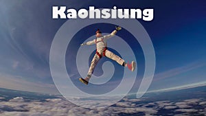 Kaohsiung. Skydiver from Kaohsiung performs a trick in the sky. Free fall.