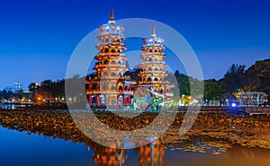.Kaohsiung, the Taiwanese dragon and the tiger pagoda at the lotus pond and the reflections at night