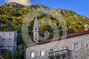 Kapela Sv Ivana Evandeliste or St. Ivan Evangelist Chapel in Perast Kotor Bay, Montenegro with mountains in background