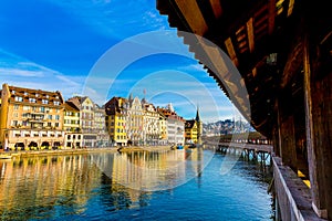 Kapellbrucke historic Chapel Bridge and waterfront landmarks in Lucern, Switzerland