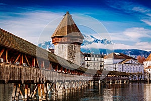 Kapellbrucke historic Chapel Bridge and Water Tower landmarks in Lucern, Switzerland