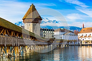 Kapellbrucke historic Chapel Bridge and waterfront landmarks in Lucern, Switzerland