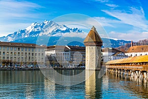 Kapellbrucke historic Chapel Bridge and waterfront landmarks in Lucern, Switzerland