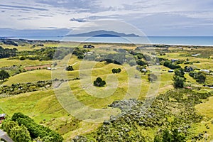 Kapiti coast in New Zealand Wellington province with farmland around Te Horo and Kapiti island