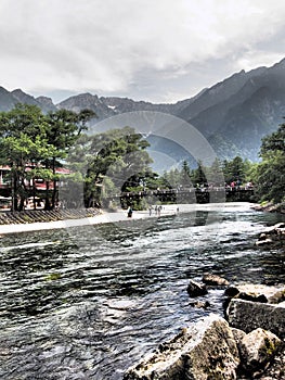 Kappa-bashi and Hotaka mountains in Kamikochi, Nagano, Japan