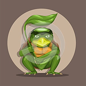 Kappa japanese folklore creature character figure sitting pose with holding leaf illustration vector