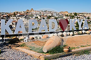 Kappadokya sign. The text on sign: Kappadokya Name of the region in Turkey. Beautiful white letters in observation point.