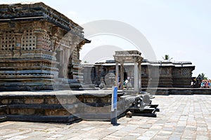 Kappe Channigraya temple in the front and Chennakeshava temple in the background, Belur, Karnataka. View from South.