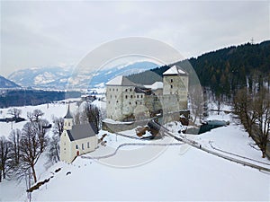 Kaprun Castle in winter Austria Aerial view