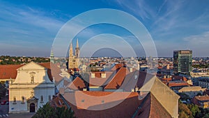 Kaptol and catholic cathedral timelapse in the center of Zagreb, Croatia, panoramic view