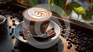 Kapuchino with the image of cocoa leaves on the surface