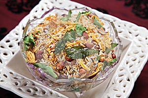 kara boondi in glass bowl south Indian delicacy. madras mixture.