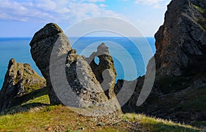 Kara-Dag, colorful volcanic rocks along the Black Sea coast in the national park, Crimea