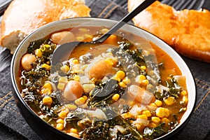 Kara lahana corbasÄ± savory cabbage soup with kale, beans and corn close-up in a bowl. Horizontal
