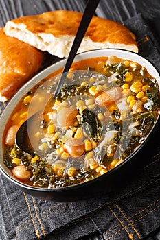 Kara lahana corbasÄ± Tarifi Turkish soup with kale close-up in a bowl. vertical