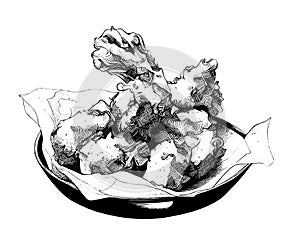 Karaage deep fried chicken engraving hand drawn sketch Restaurant business concept
