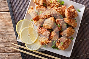 Karaage - Japanese style fried chicken closeup. horizontal top