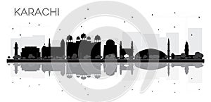 Karachi City skyline black and white silhouette with reflections