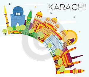 Karachi Skyline with Color Landmarks, Blue Sky and Copy Space.