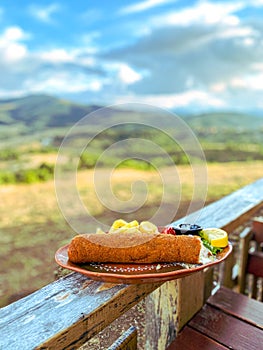 Karadjordjeva schnitzel served on a brown plate. Typical Serbian dish. Natural surroundings and high contrast