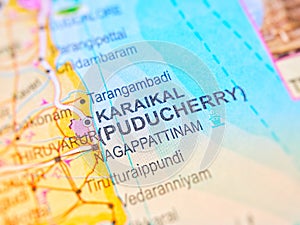 Karaikal on a map of India with blur effect
