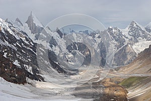 Karakoram mountain landscape view from Gondogoro la pass in K2 base camp trekking, Gilgit Baltistan, north Pakistan