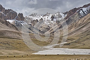 Karakoram mountain landscape. Volcanic stone as well as weather-ground limestone. Snowy peaks and green mountain passes crossed by