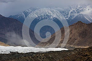 Karakoram mountain range Hoper Glacier on the way to Rush lake photo