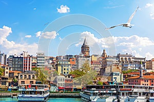 Karakoy district and the Galata Tower, view from the Bosphorus, Istanbul, Turkey