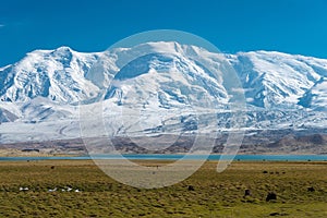 Karakul Lake view from Karakoram Highway in Pamir Mountains, Akto County,Kizilsu Kirghiz Autonomous Prefecture, Xinjiang, China.