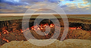 The Karakum Desert. Turkmenistan. Darvaza. Burning gas crater called Gates of Hell.