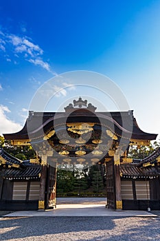 The Karamon gate at the entrance of Ninomaru Palace in Nijojo Castle Kyoto, Japan.Vertical front view
