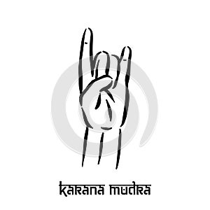 Karana mudra. Hand spirituality hindu yoga of fingers gesture. Technique of meditation for mental health. photo